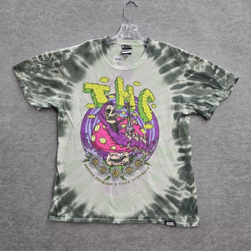 Broken Promises Men Shirt L‎ Green Tie Dye Skeleton THC Graphic Logo